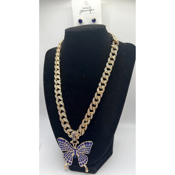 Jennifer & Co Gold NWT Chunky Rhinestone Chain Necklace Blue Butterfly Pendant - Picture 2 of 11